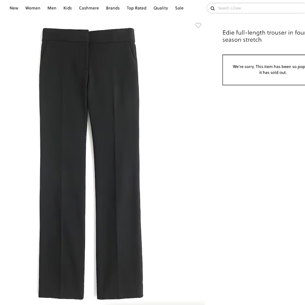 J. Crew Edie Full-Length Trouser in Four-Season Stretch – Black – Size 12